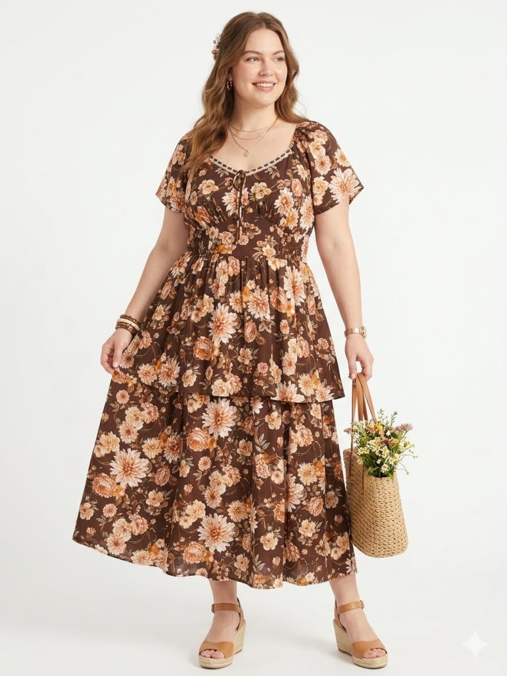 2XL Liberty Love Brown Floral Fall Cottagecore Tiered Maxi Dress